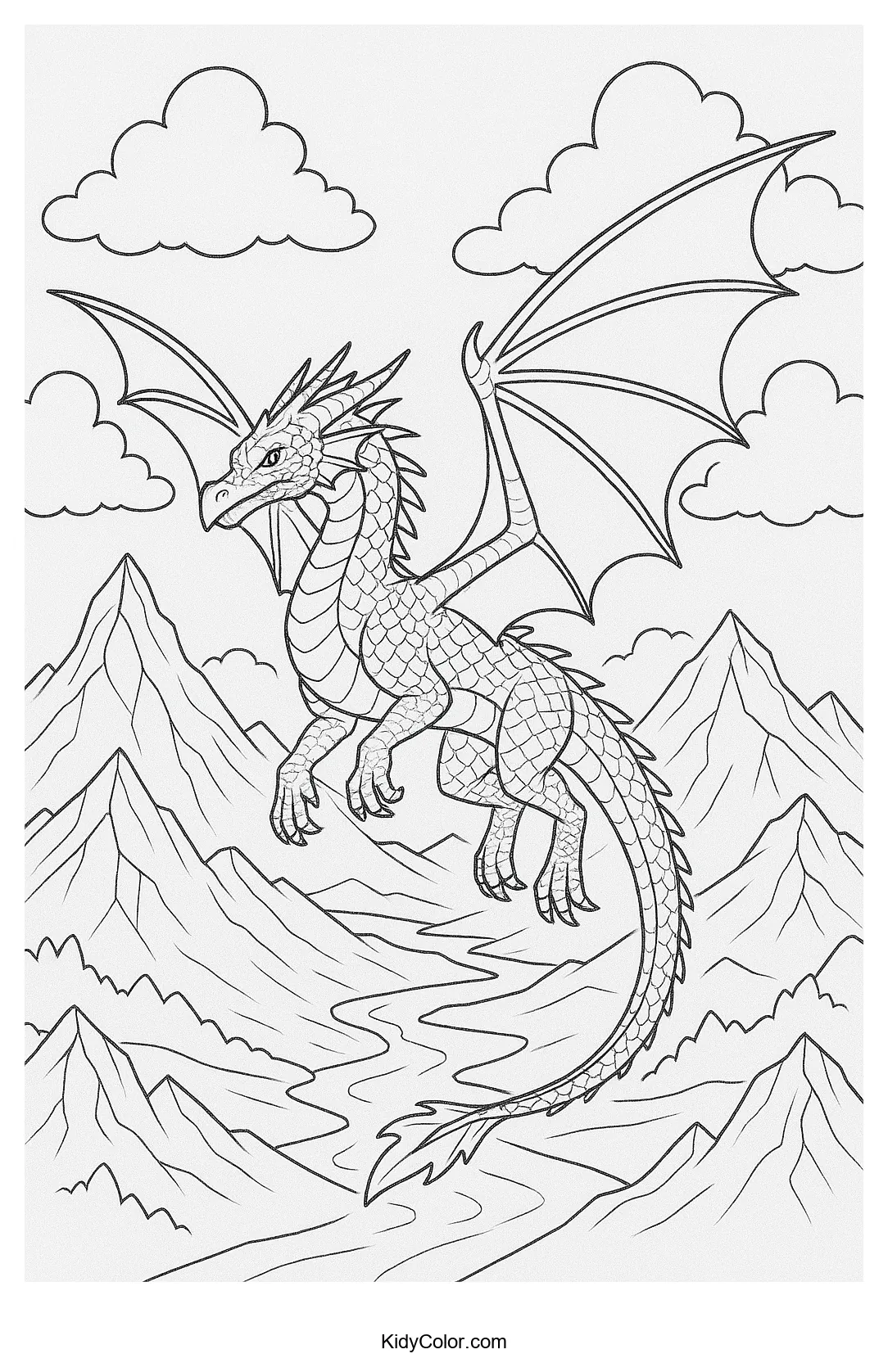 Dragon flying over mountains