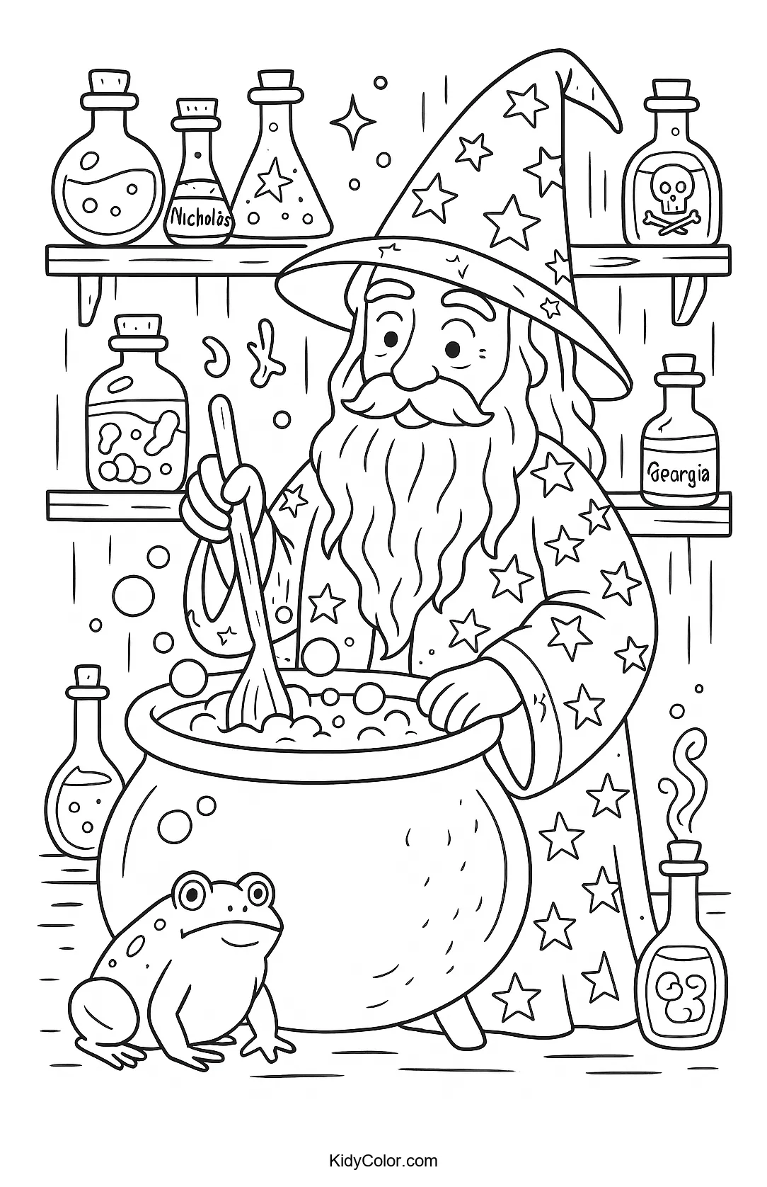 Elderly wizard brewing a magic potion.