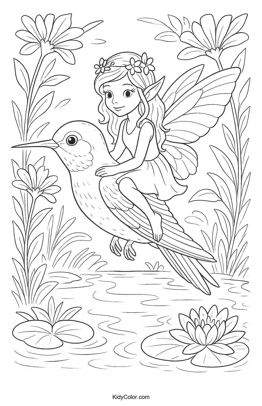 Fairy and hummingbird flying together in mid-air