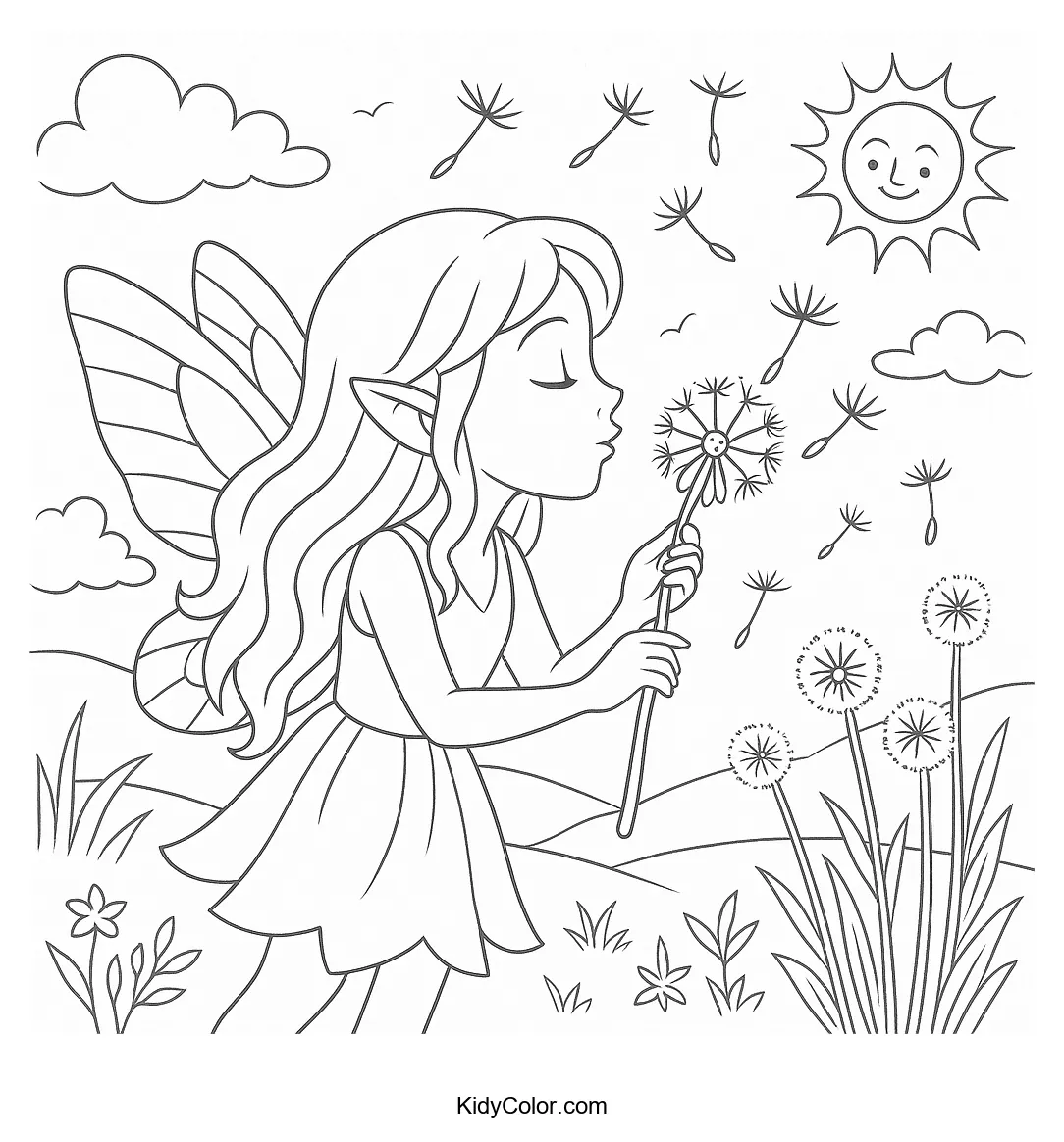Fairy blowing dandelion seeds coloring page