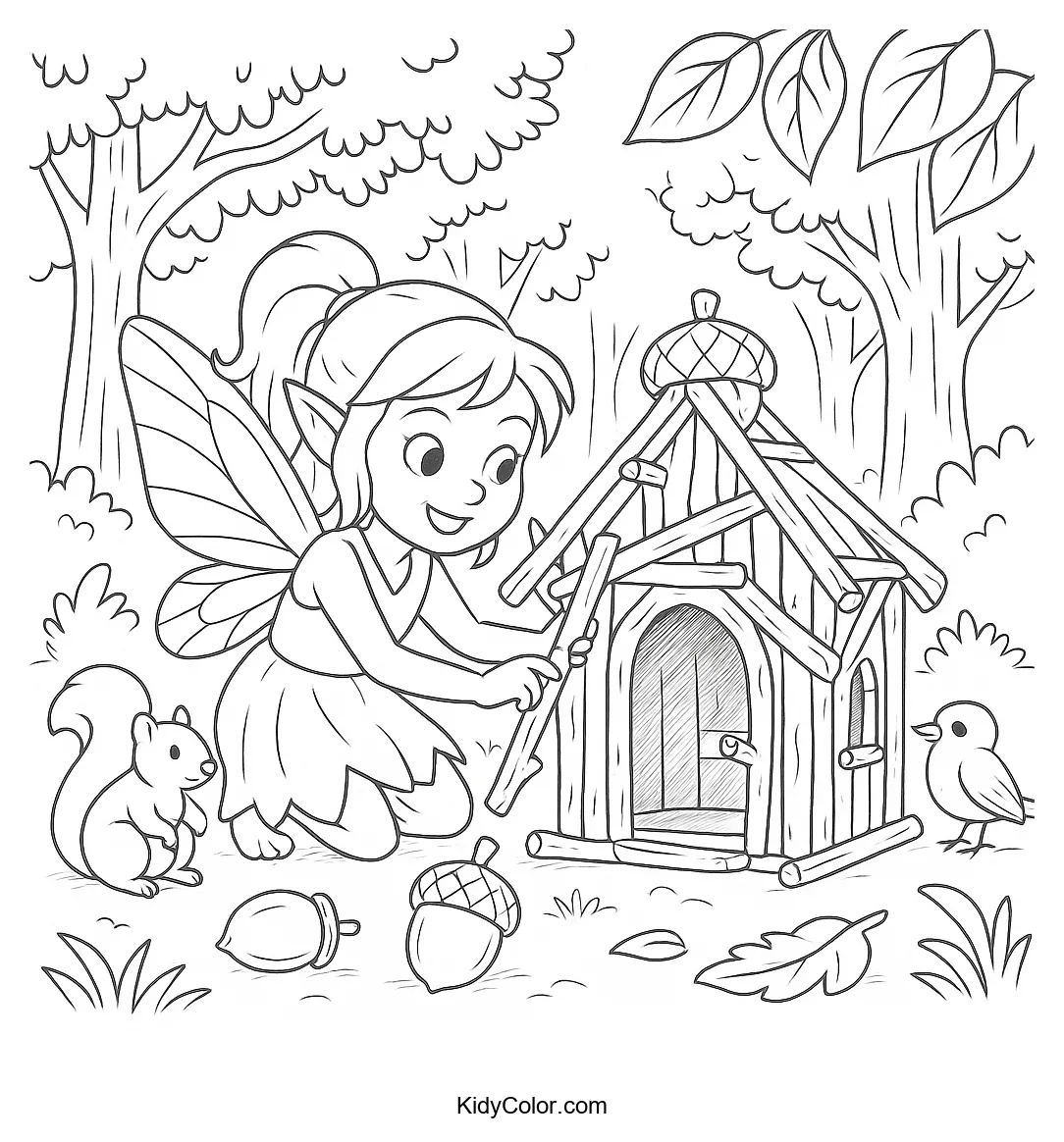 Fairy building a woodland home coloring page