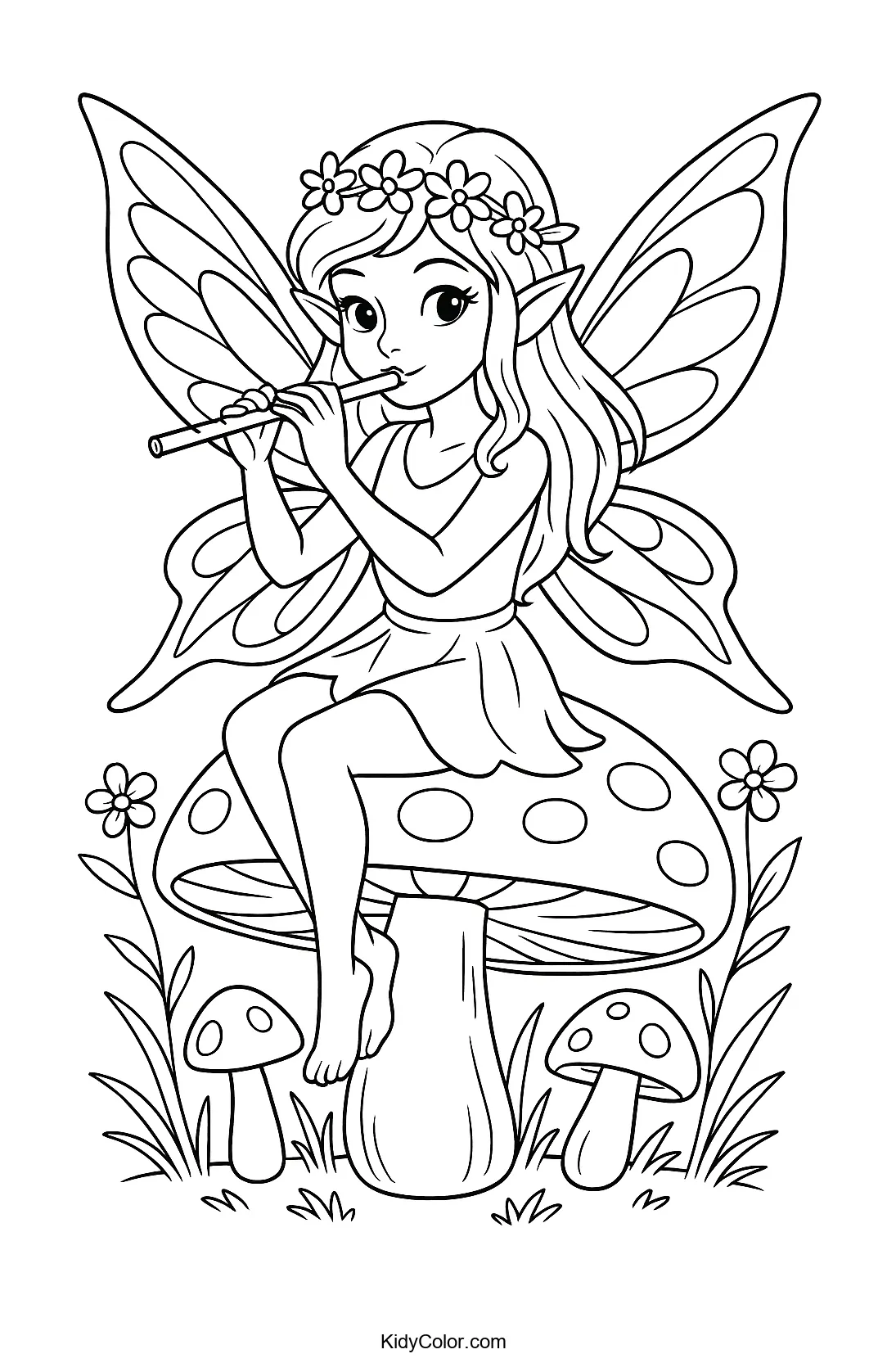 Fairy playing flute on a mushroom