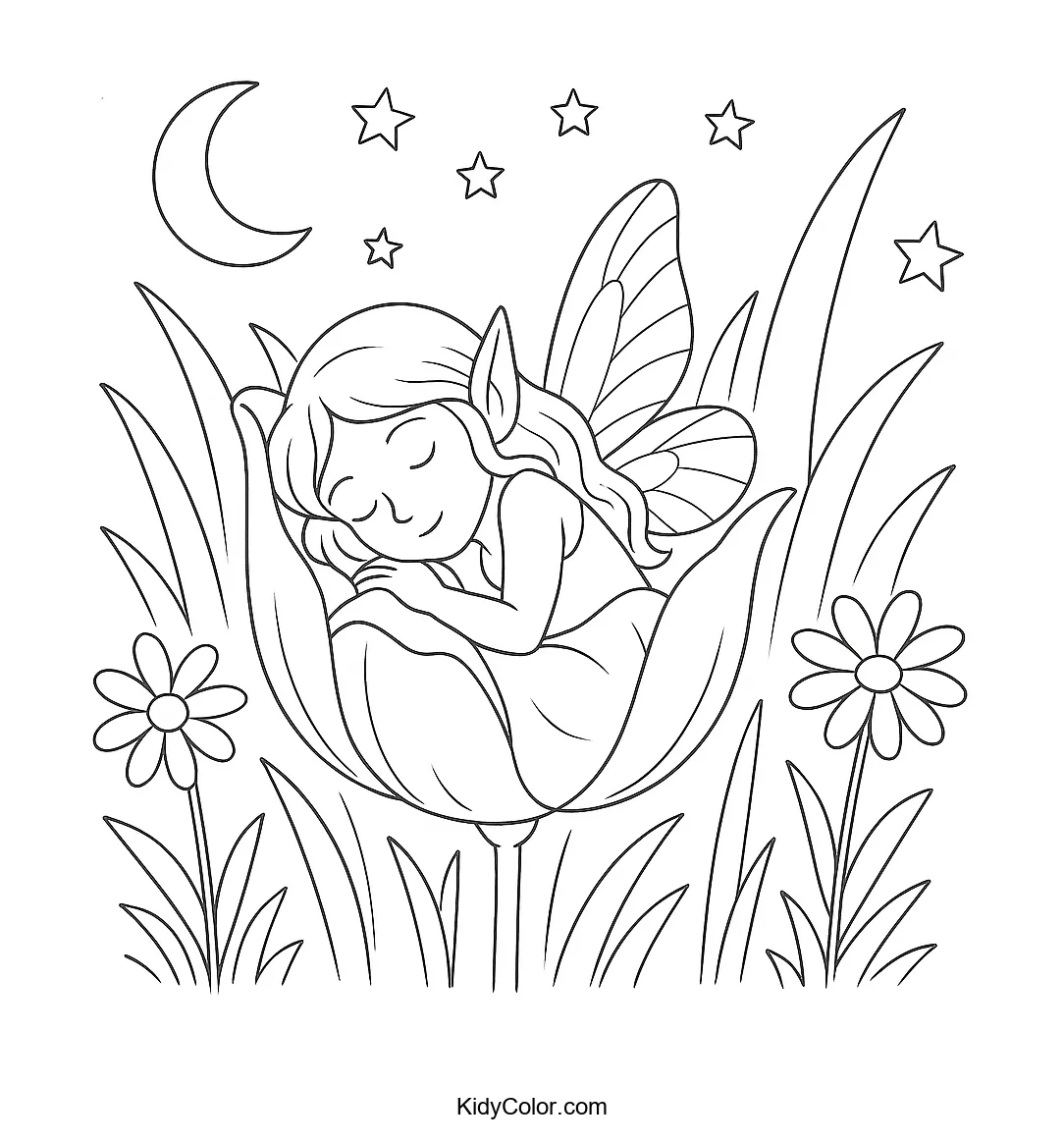 Fairy sleeping inside a tulip