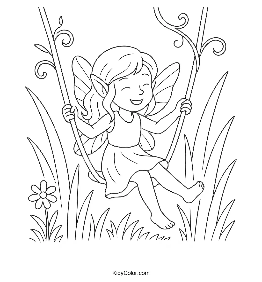 Fairy on a swing coloring page
