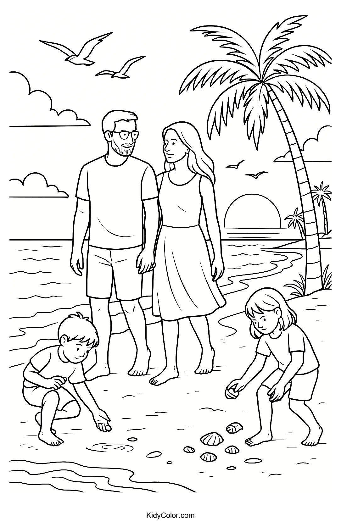 Family walking on the beach at sunset
