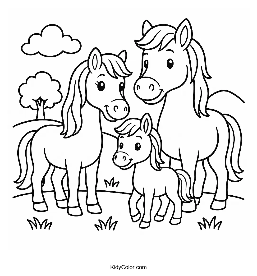 Illustration of a family of horses in a pastoral landscape