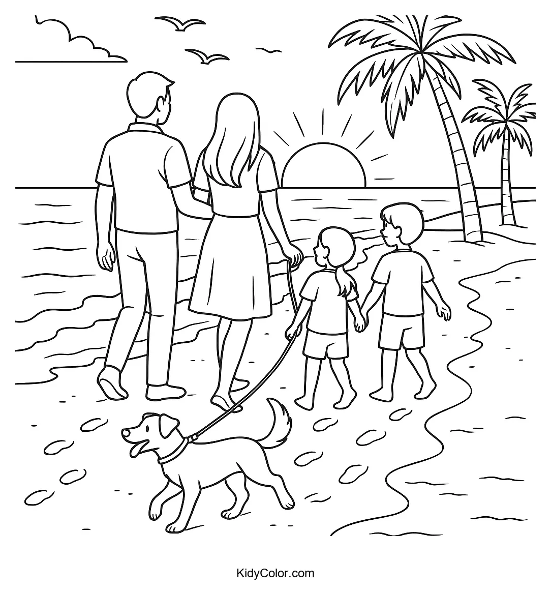 Family walking at sunset coloring page