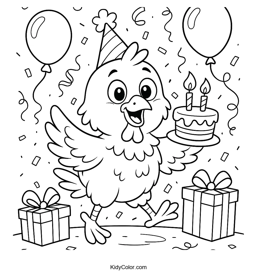 Chicken at a birthday party with balloons and a cake