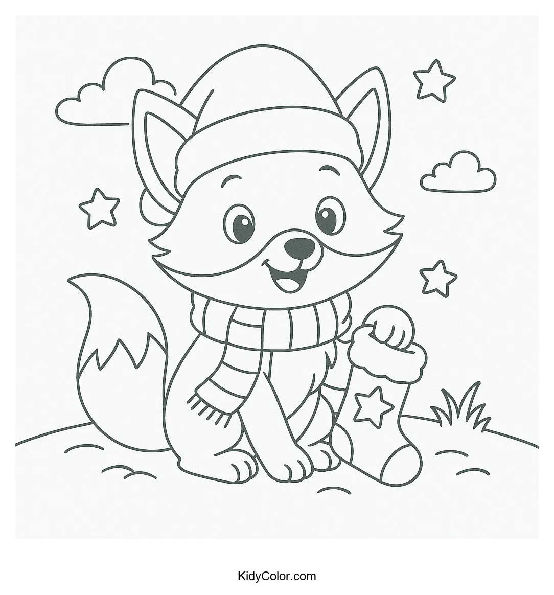 Coloring page of a fox in the snow
