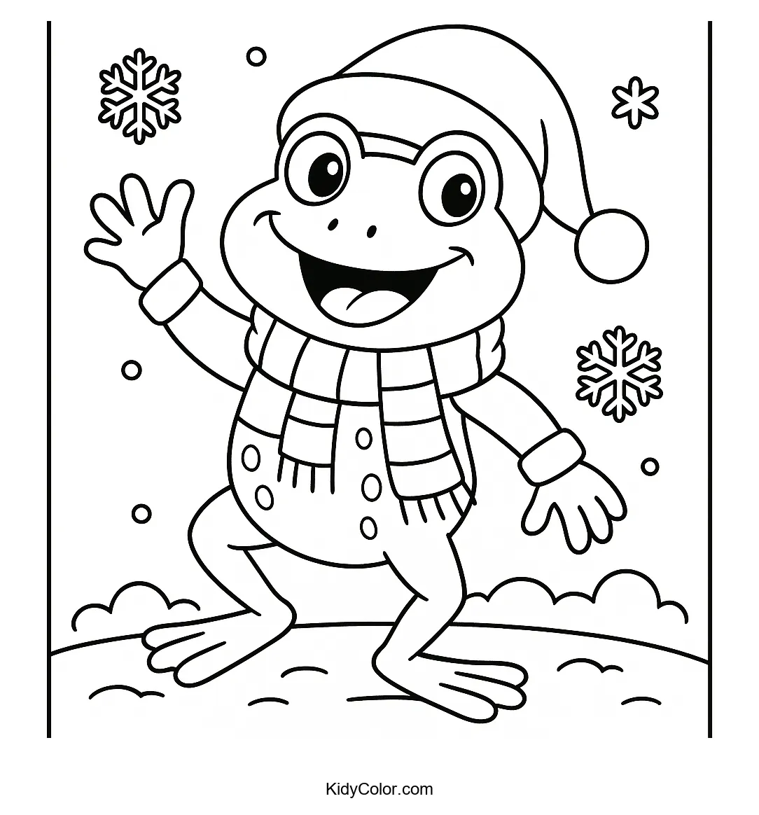 A festive frog in a winter wonderland.