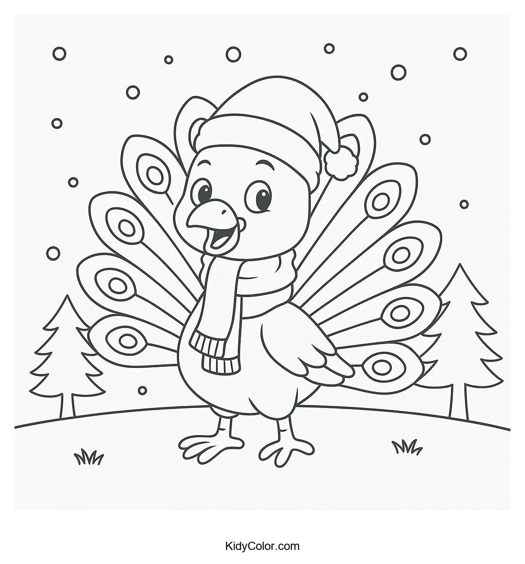 Coloring page of a festive peacock in a snowy landscape