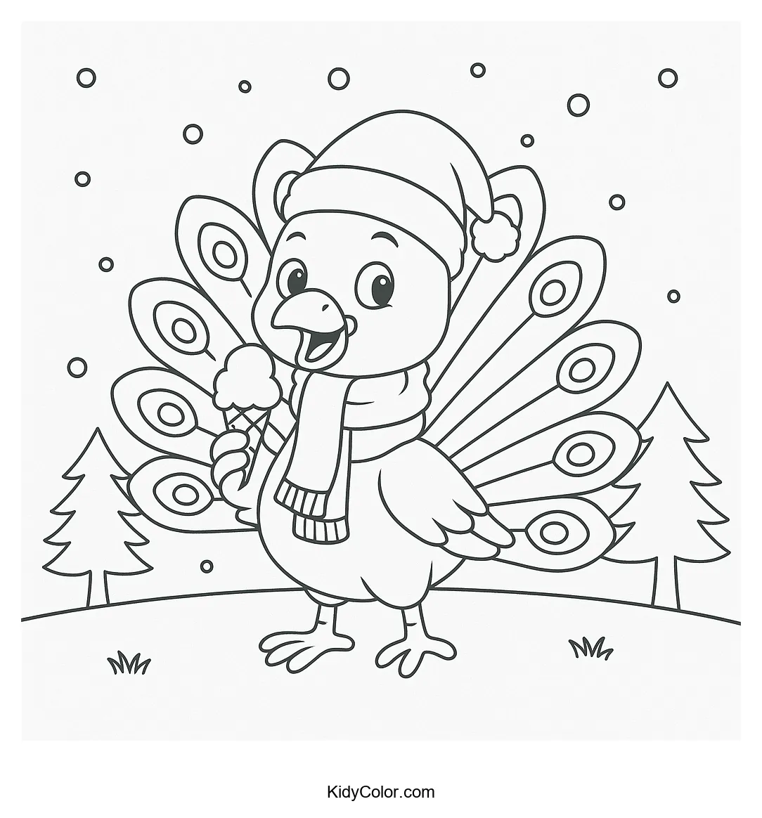 Coloring page of a peacock in a winter wonderland.