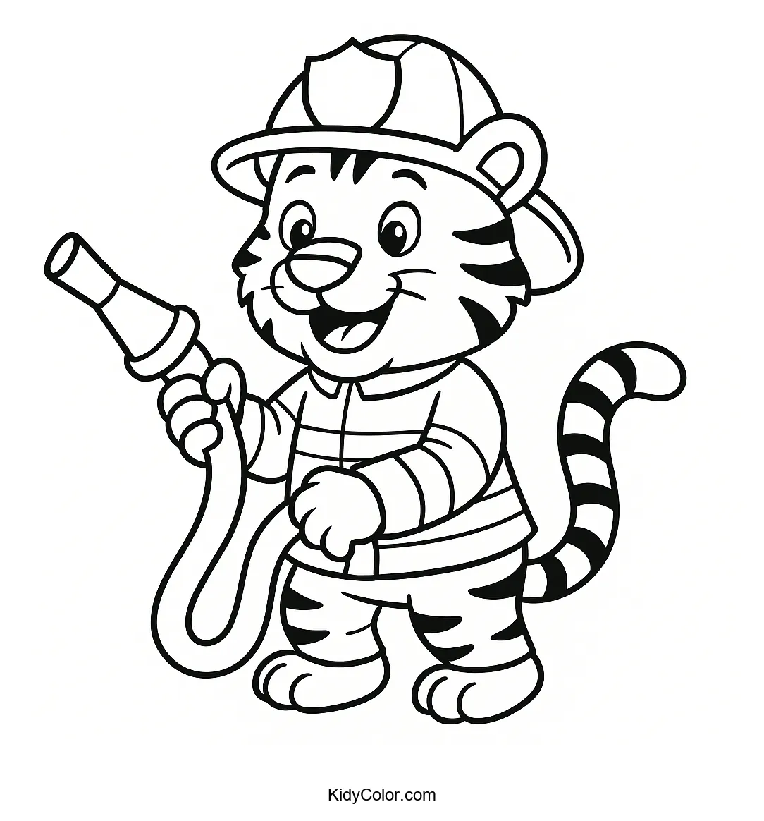 A tiger dressed as a firefighter in action