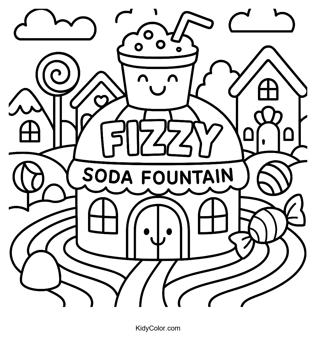 Soda fountain in candy village coloring page