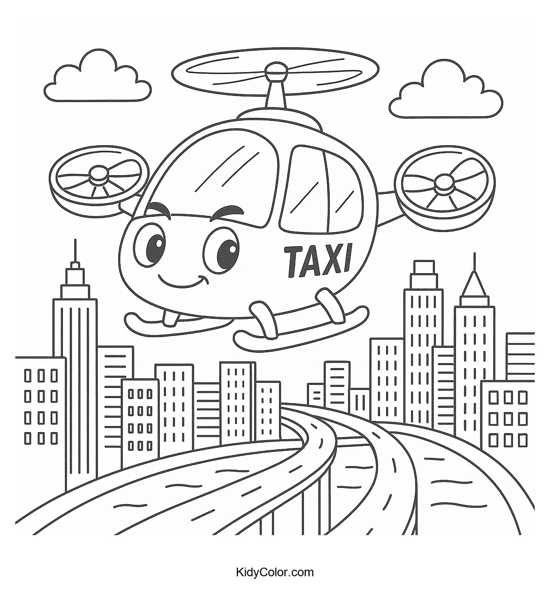 Flying taxi above a city skyline