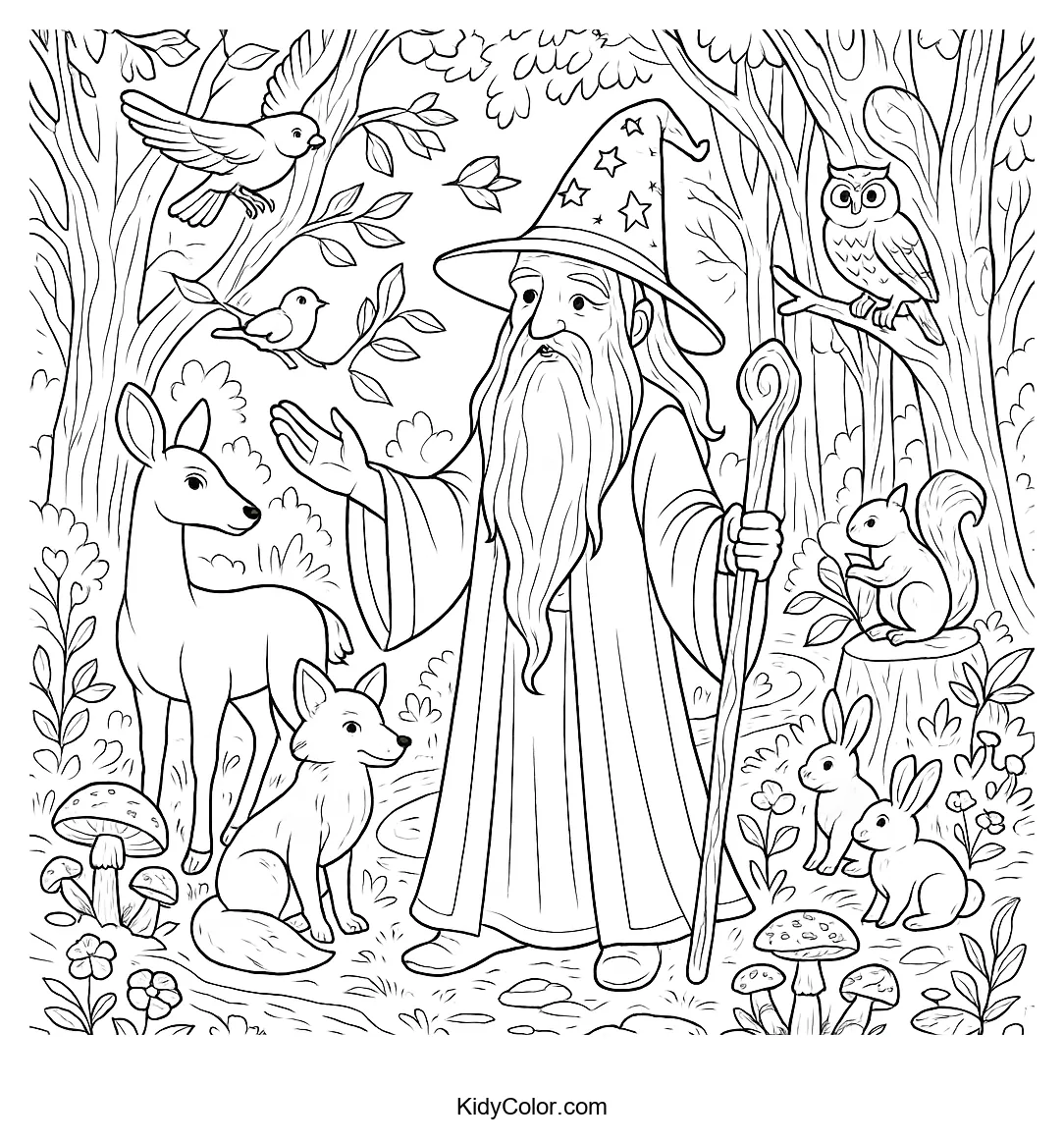 Forest wizard with woodland animals coloring page