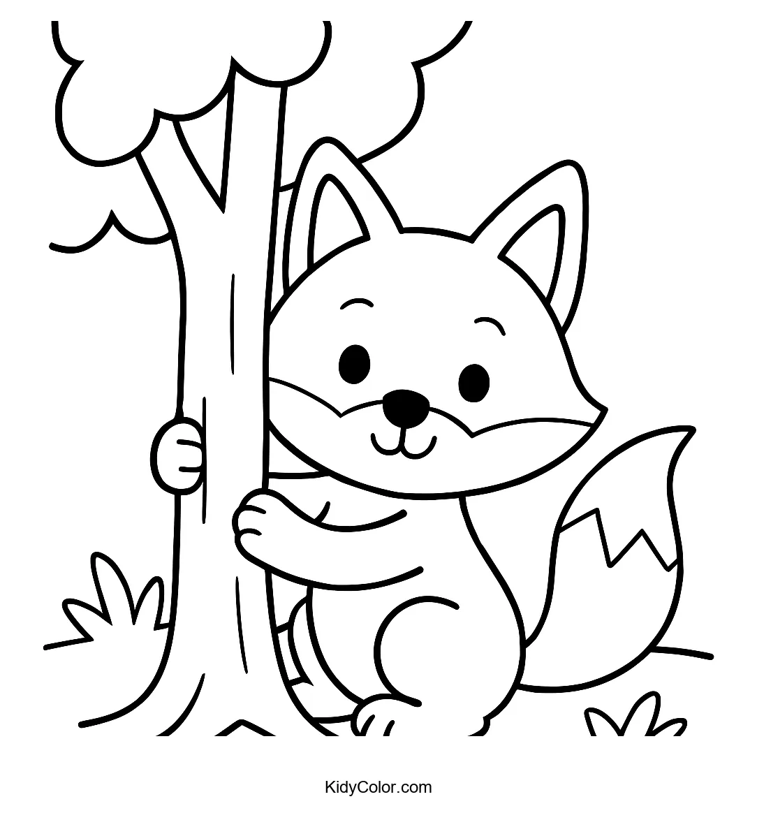 Fox hiding behind a tree trunk