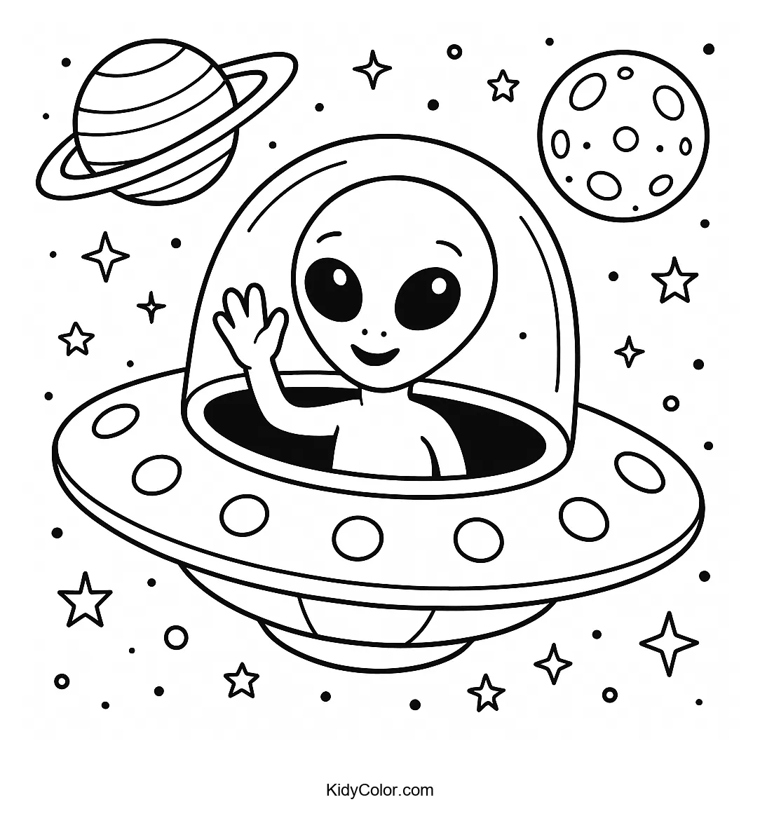 Friendly alien in a spacecraft coloring page