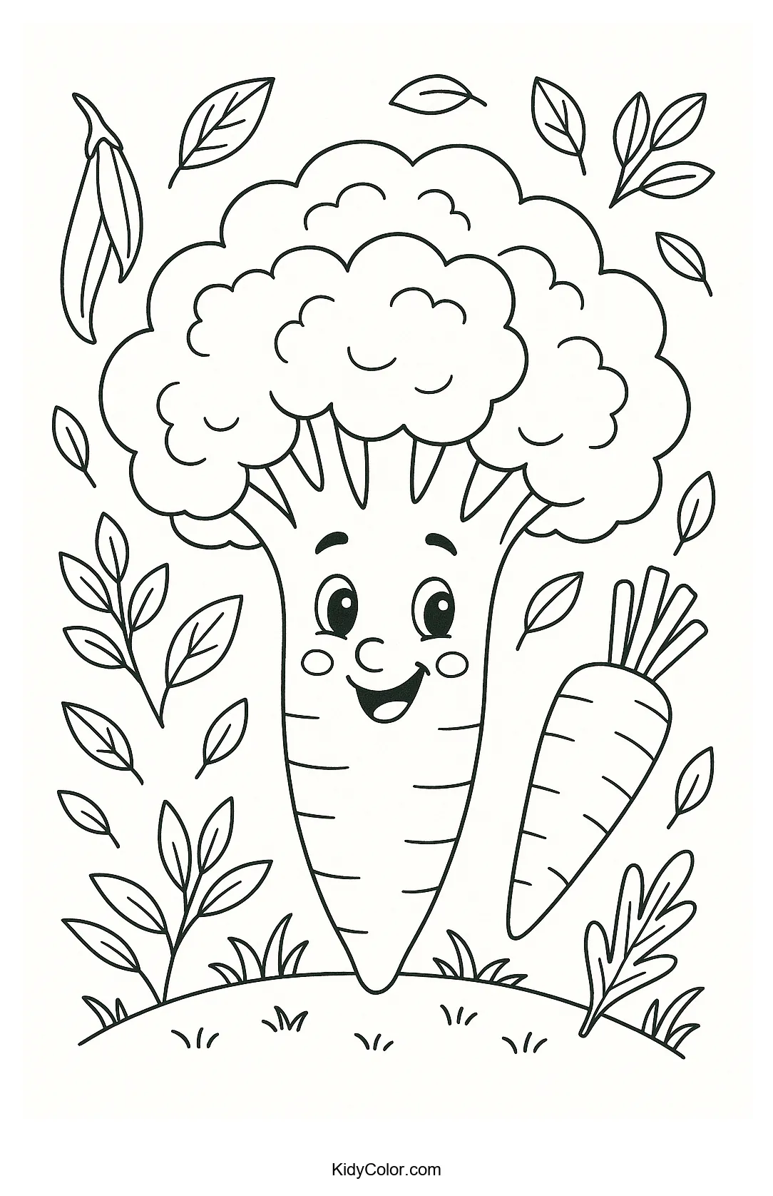 Friendly broccoli in a vegetable garden coloring page