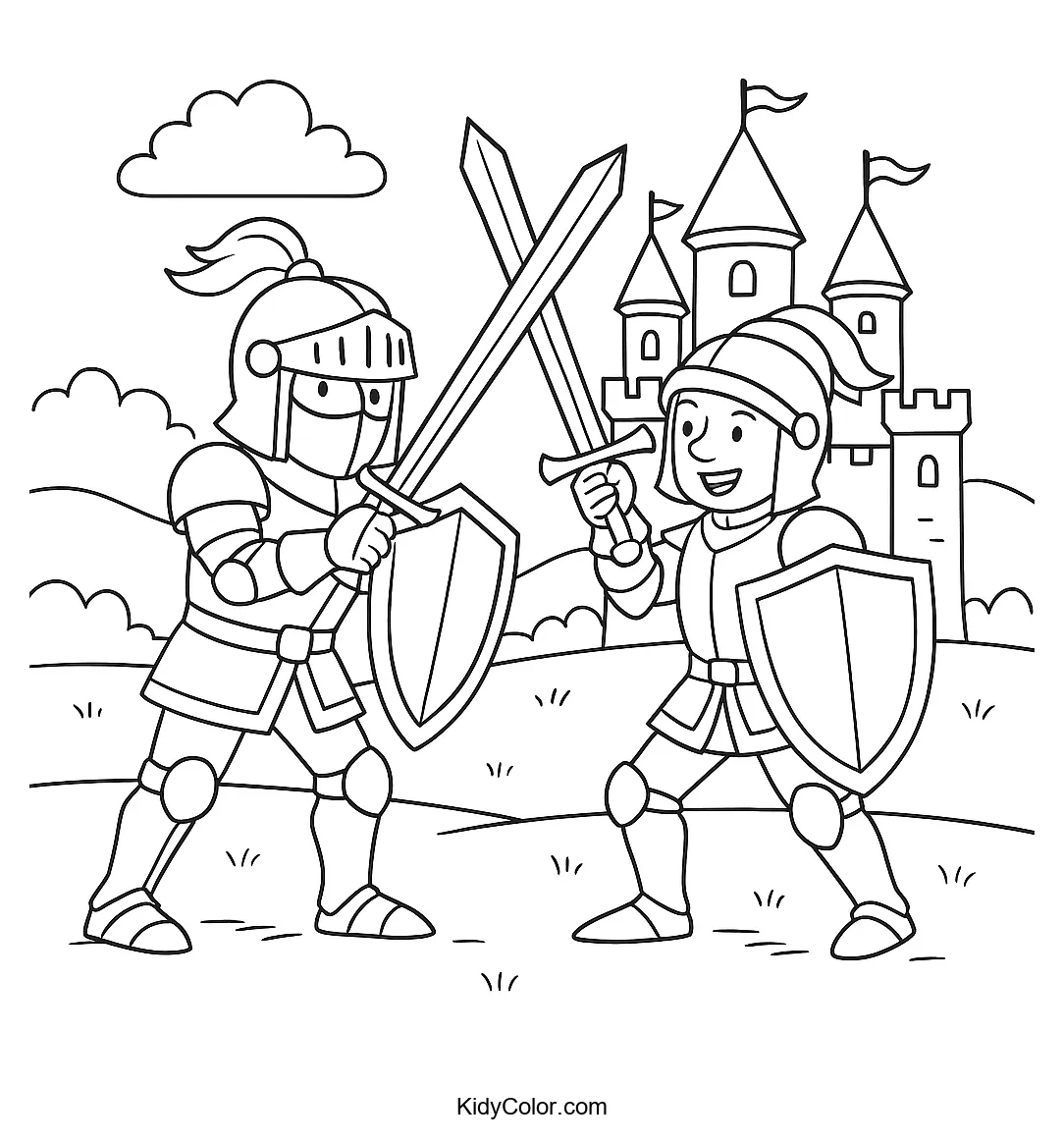 Coloring page of two knights in a friendly duel in front of a castle