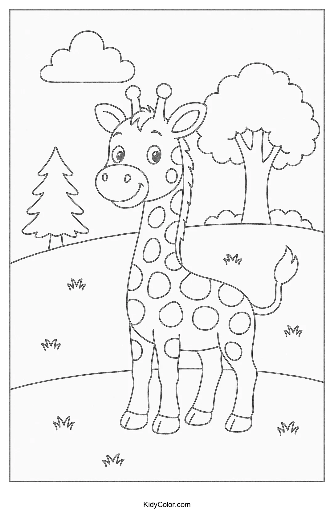 Friendly giraffe in rolling hills coloring page