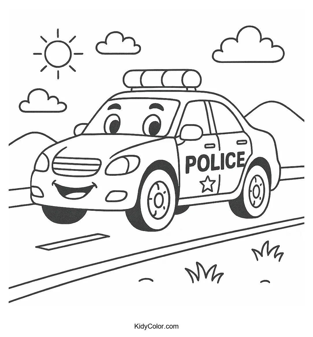 Smiling police car on a road