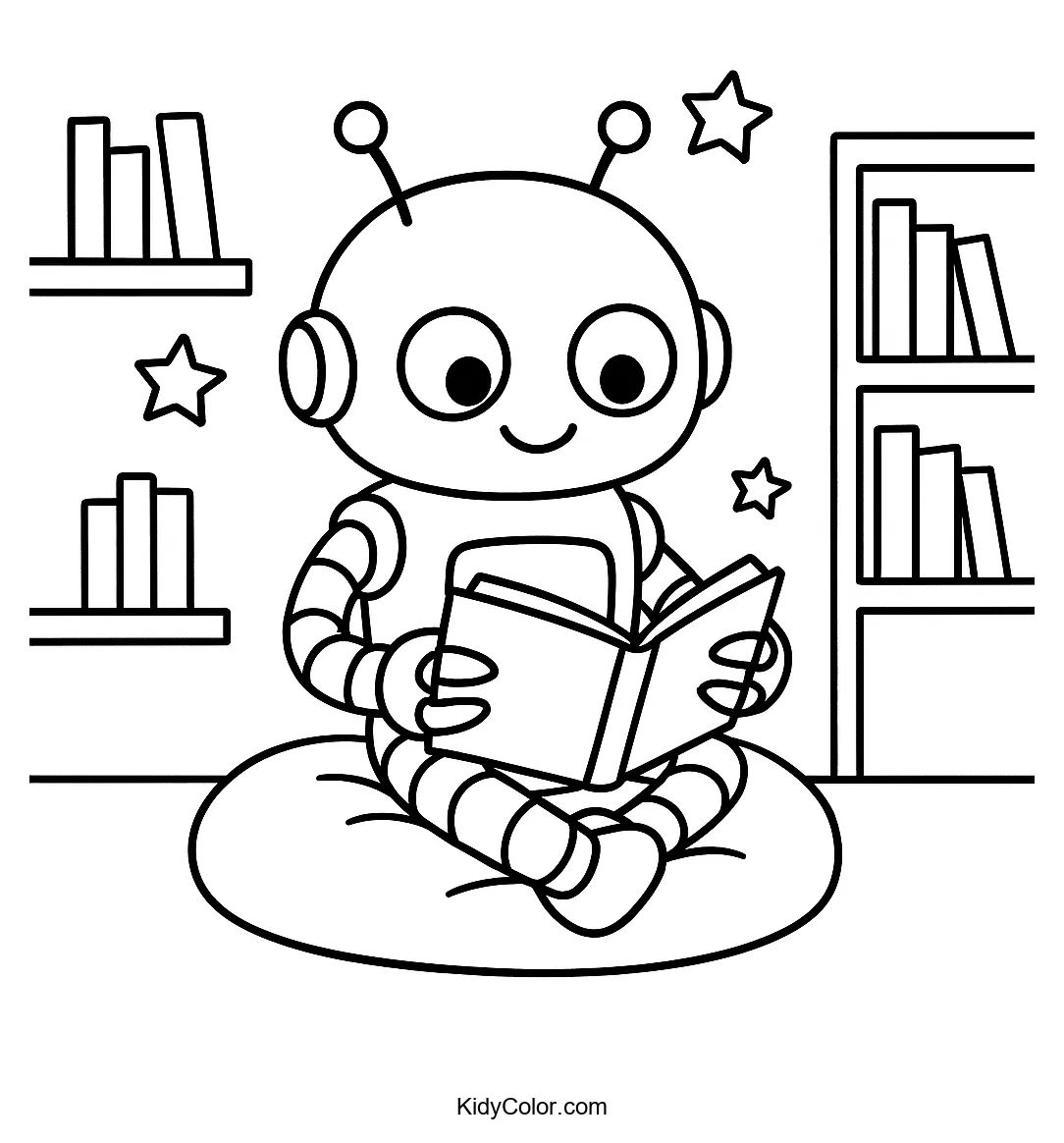 Friendly robot reading a book coloring page