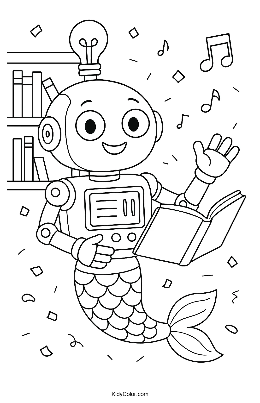 Coloring page of a robot holding an open book