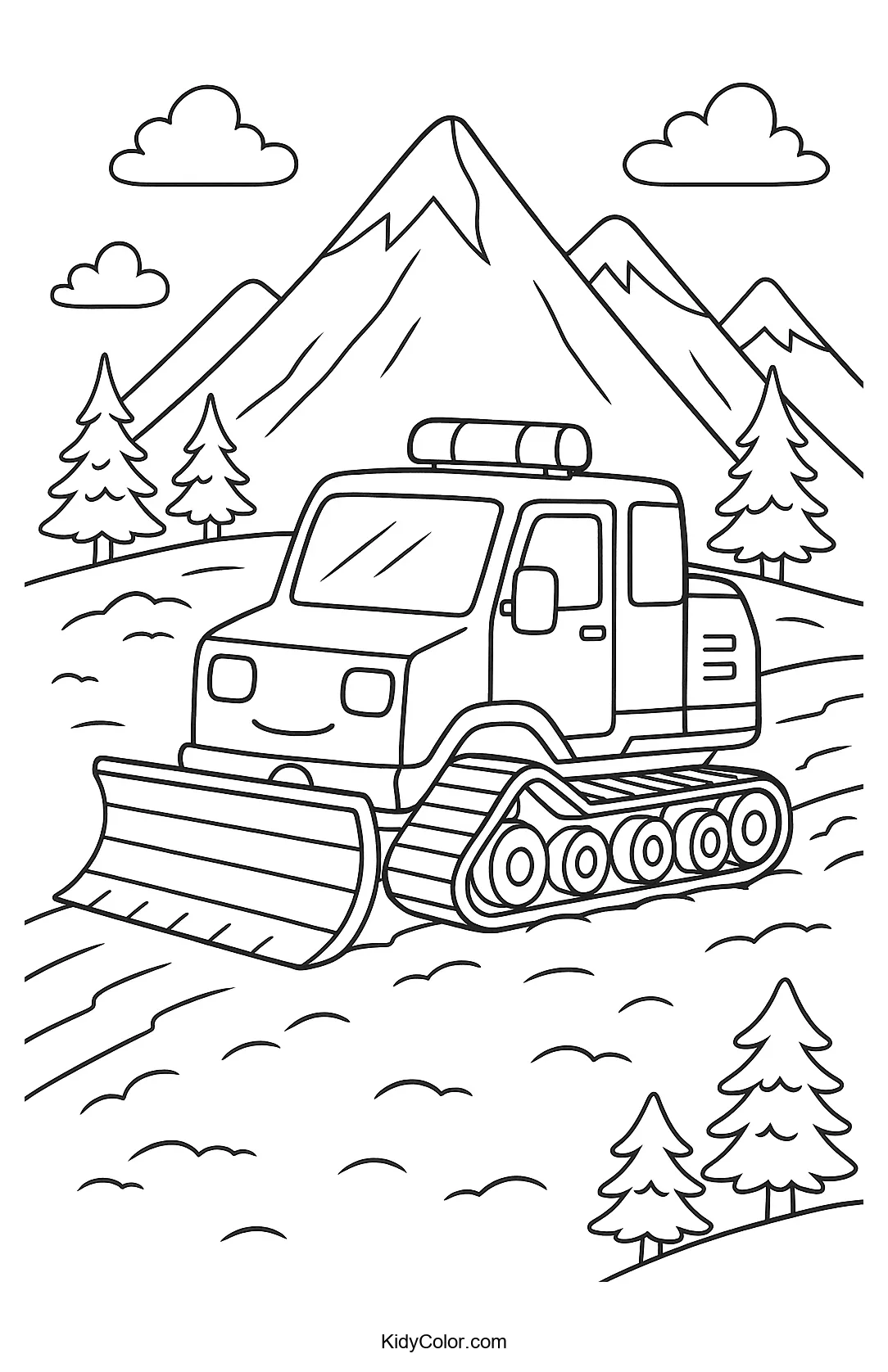 Snowcat in a mountain landscape coloring page