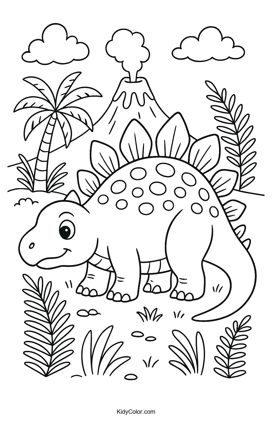 A friendly stegosaurus in a prehistoric landscape