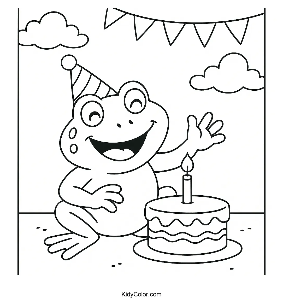 Frog's birthday party with balloons and a party hat.