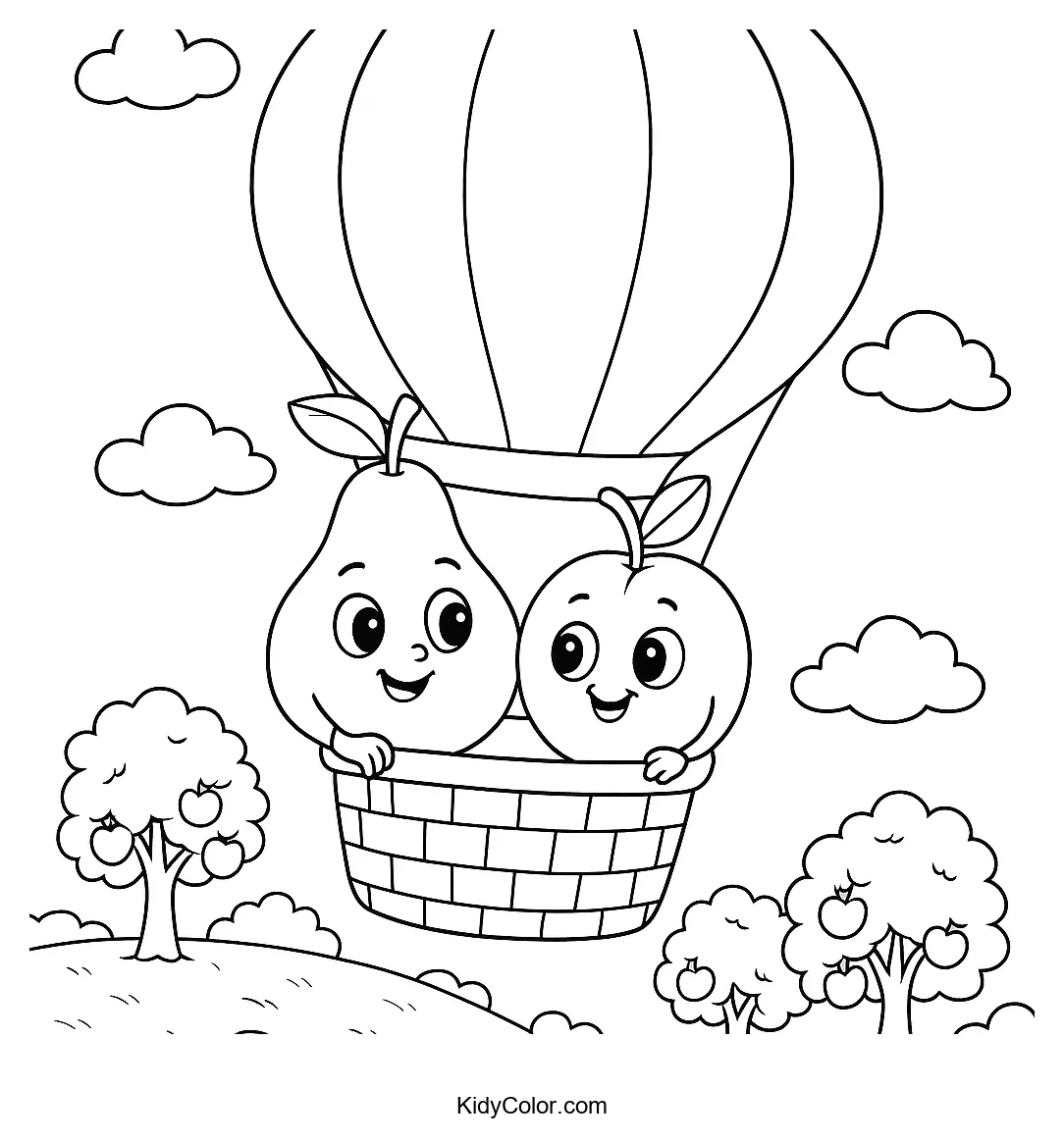 Fruit characters riding in a hot air balloon