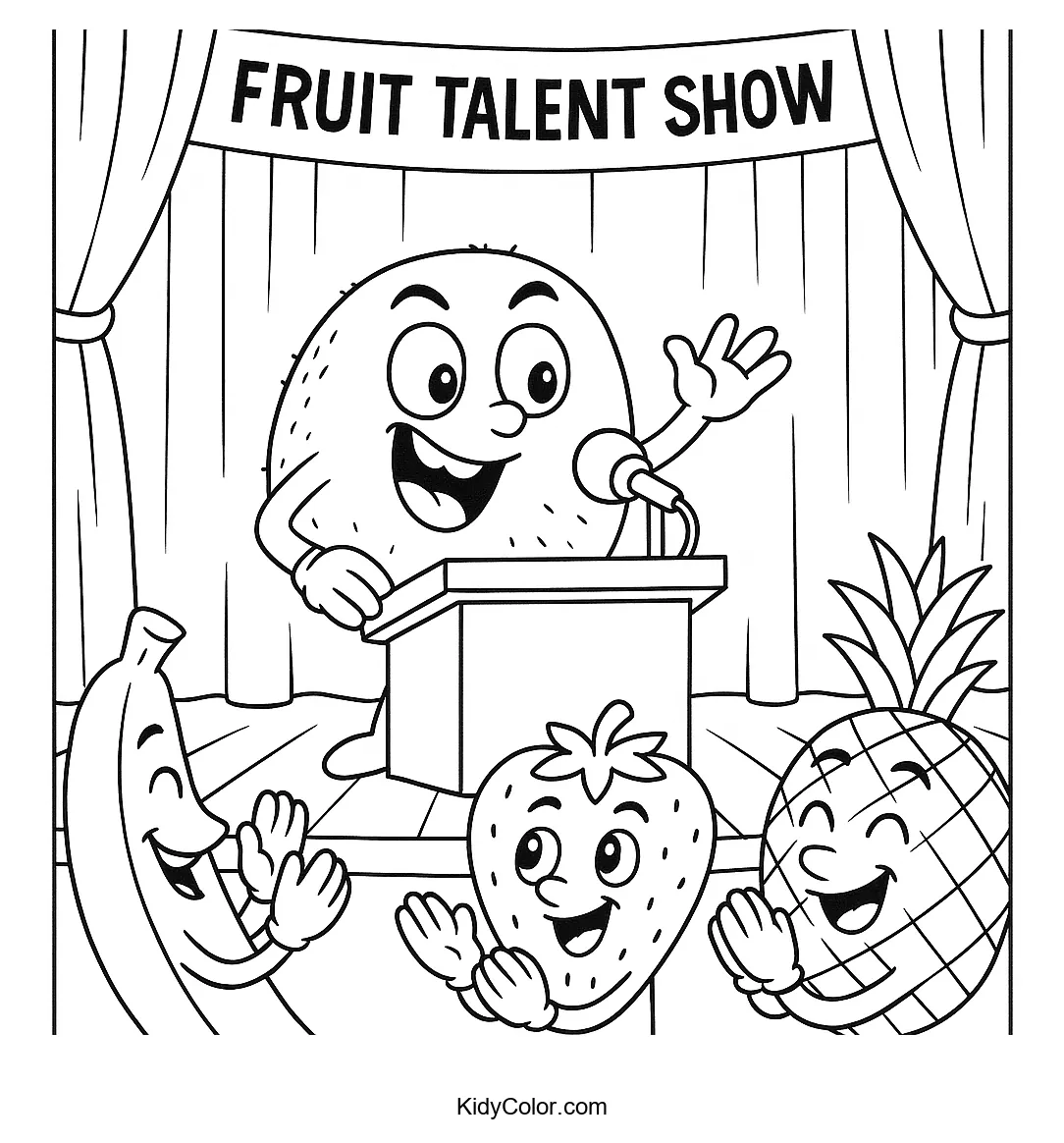 Coloring page of fruits at a talent show.