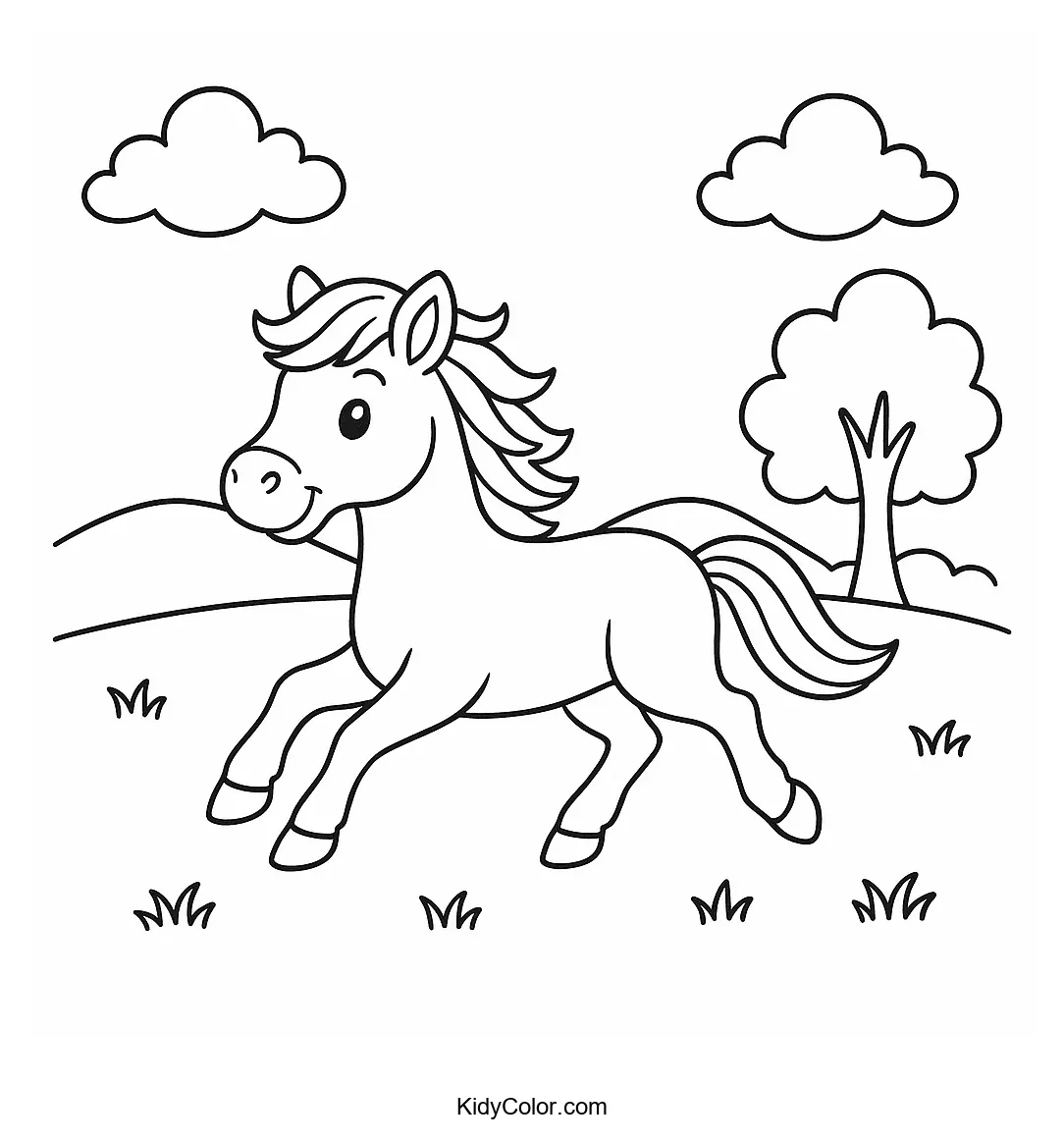 Coloring page of a horse galloping in a pastoral landscape