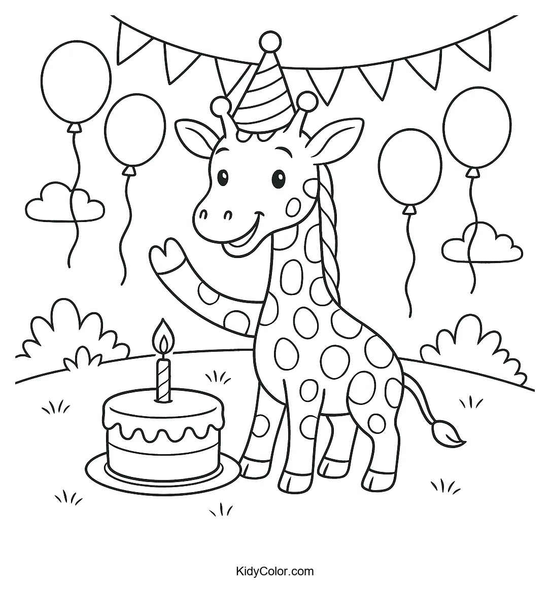 Giraffe celebrating a joyful birthday with balloons