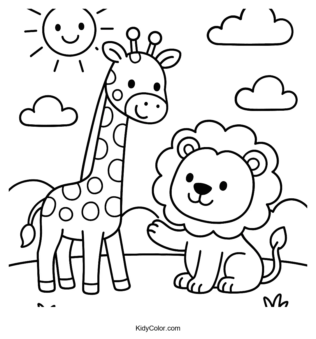Giraffe and lion friends under the sun