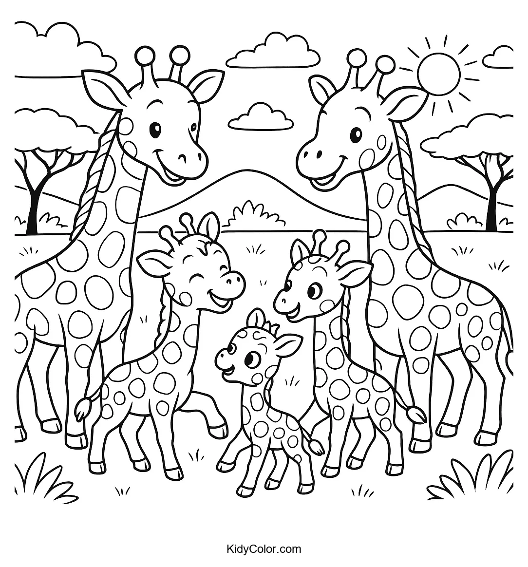 Giraffe family in the savanna coloring page