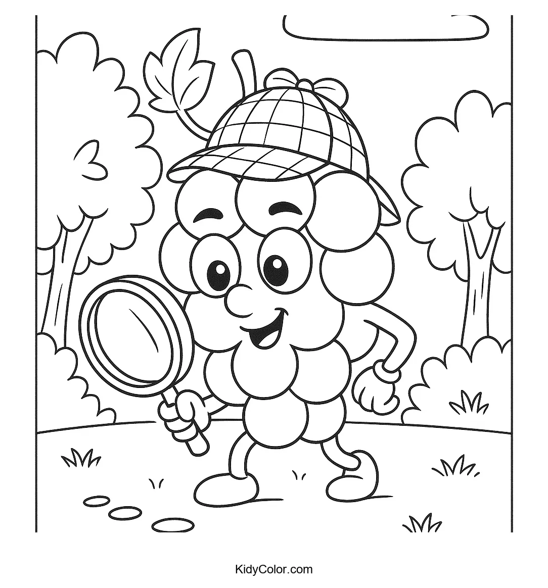 A grape character dressed as a detective investigating a case.