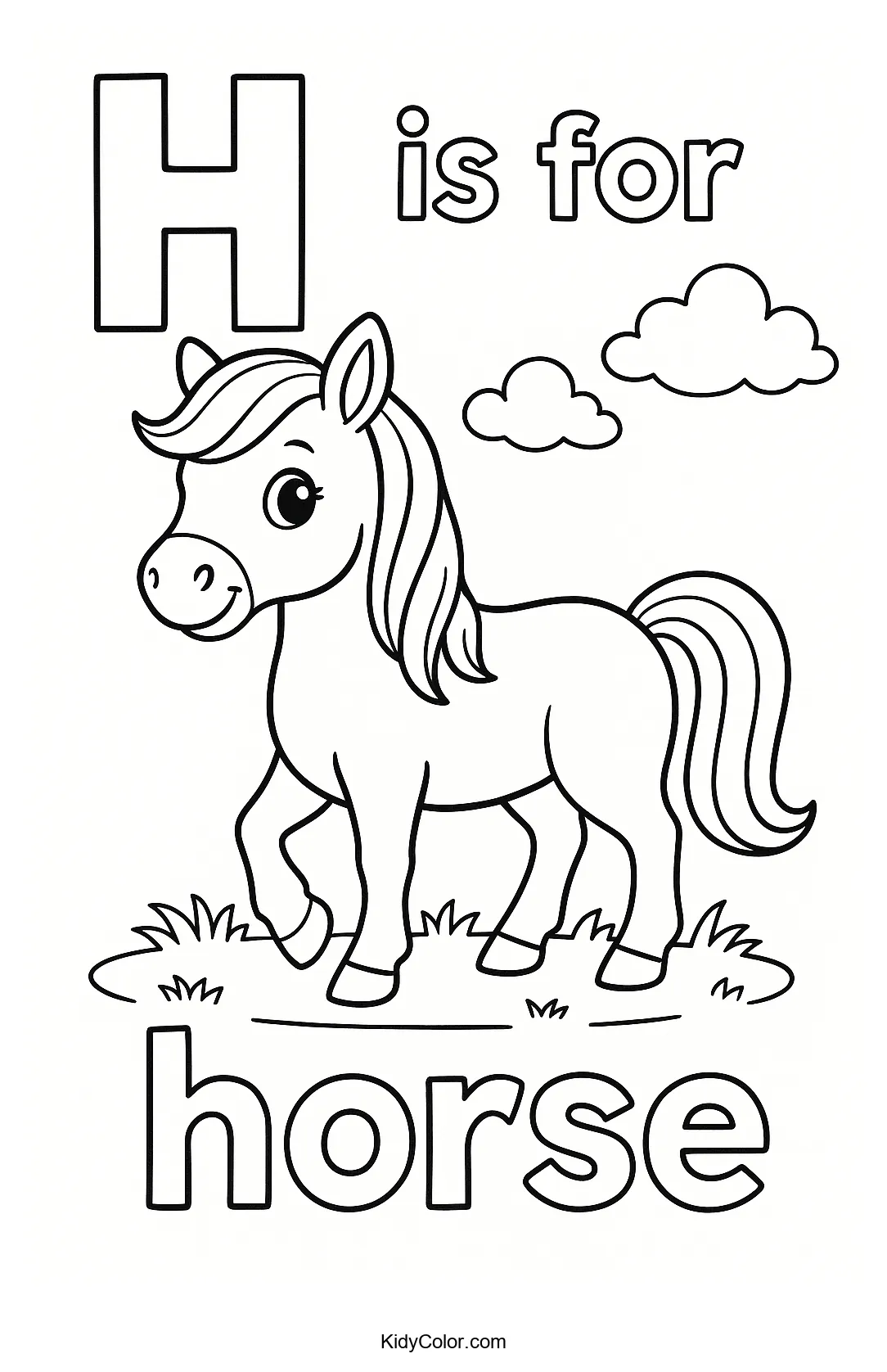 Coloring page of a horse representing the letter H