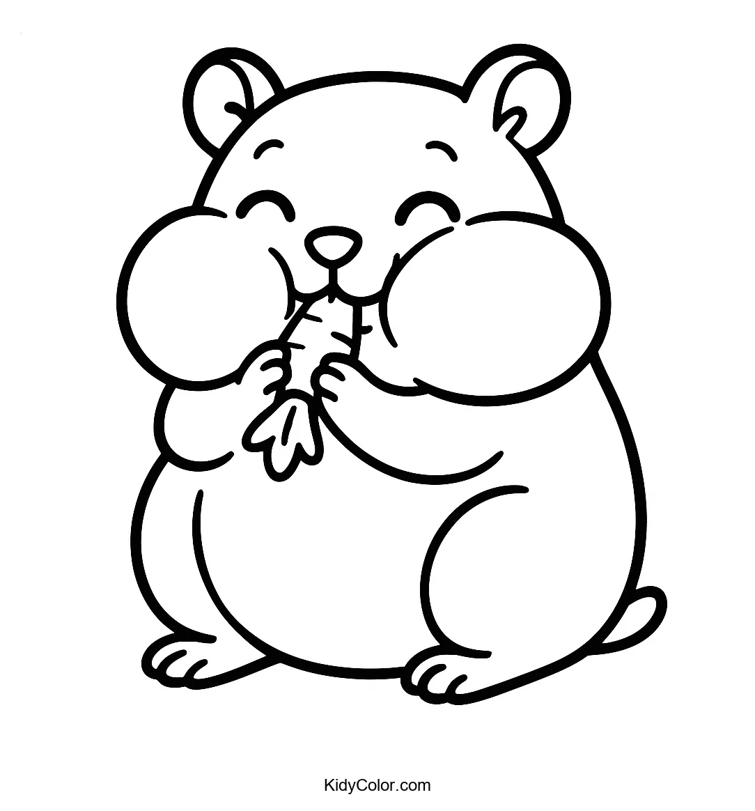Happy hamster eating carrot with puffy cheeks