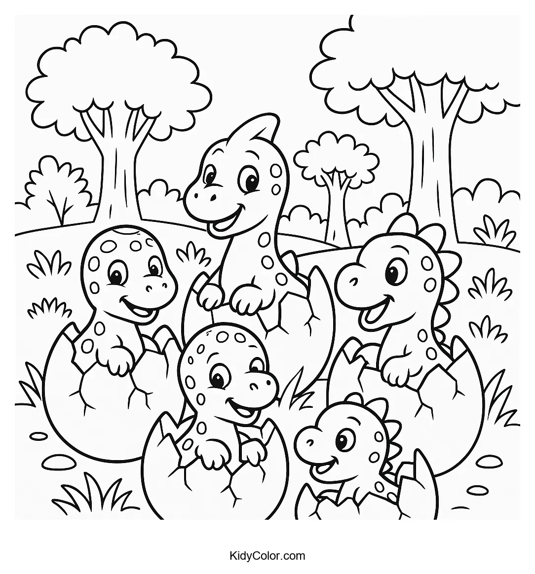 Dinosaurs hatching in a prehistoric landscape