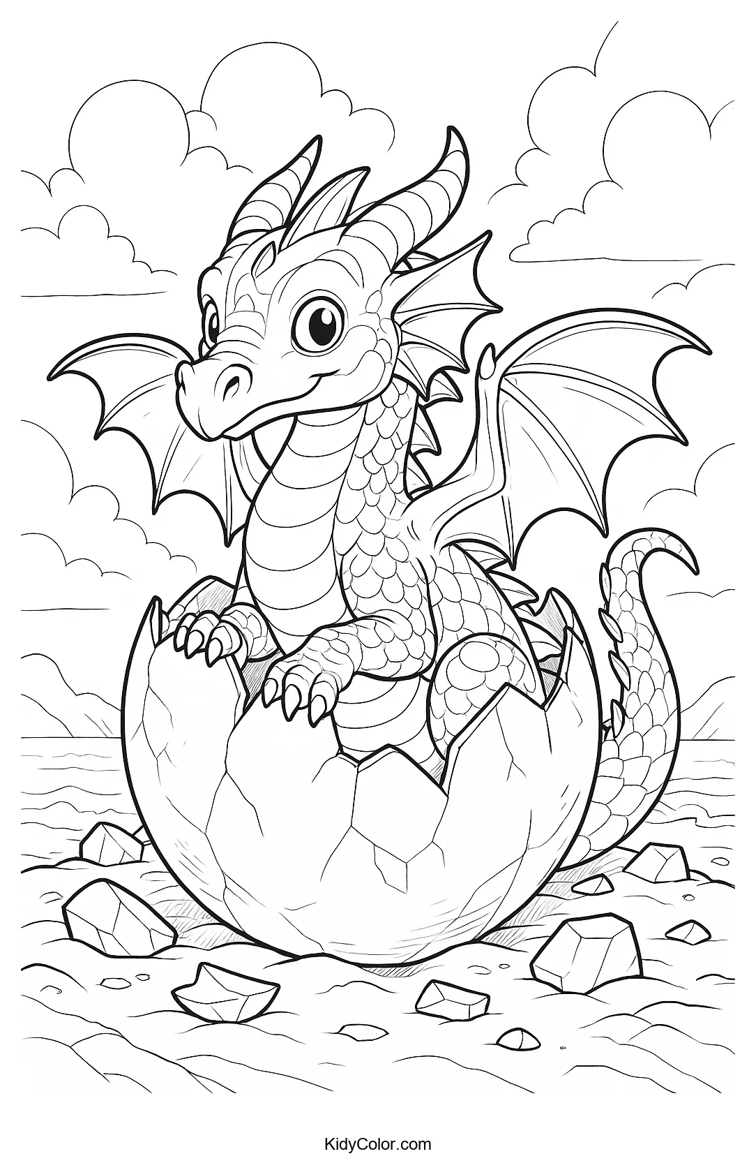 Baby dragon hatching from an eggshell coloring page