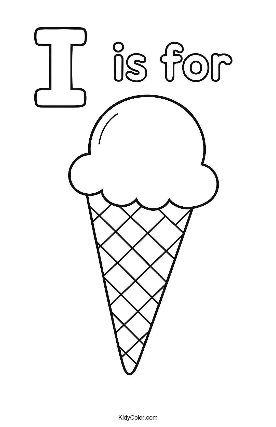 I is for Ice Cream coloring page with an ice cream cone