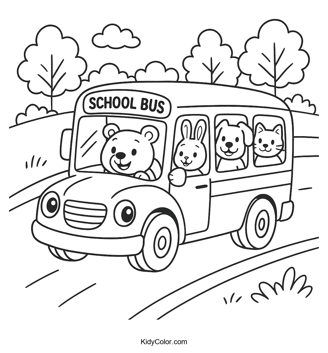Coloring page of animals riding a bus