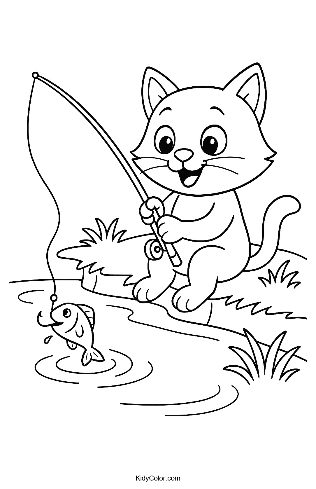 Cat fishing by a pond coloring page