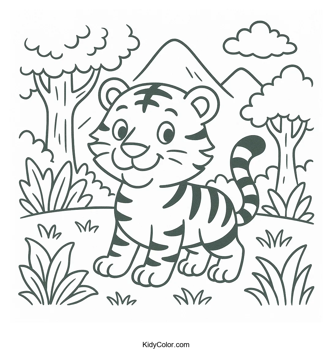 Coloring page of a cheerful jungle scene with a tiger.