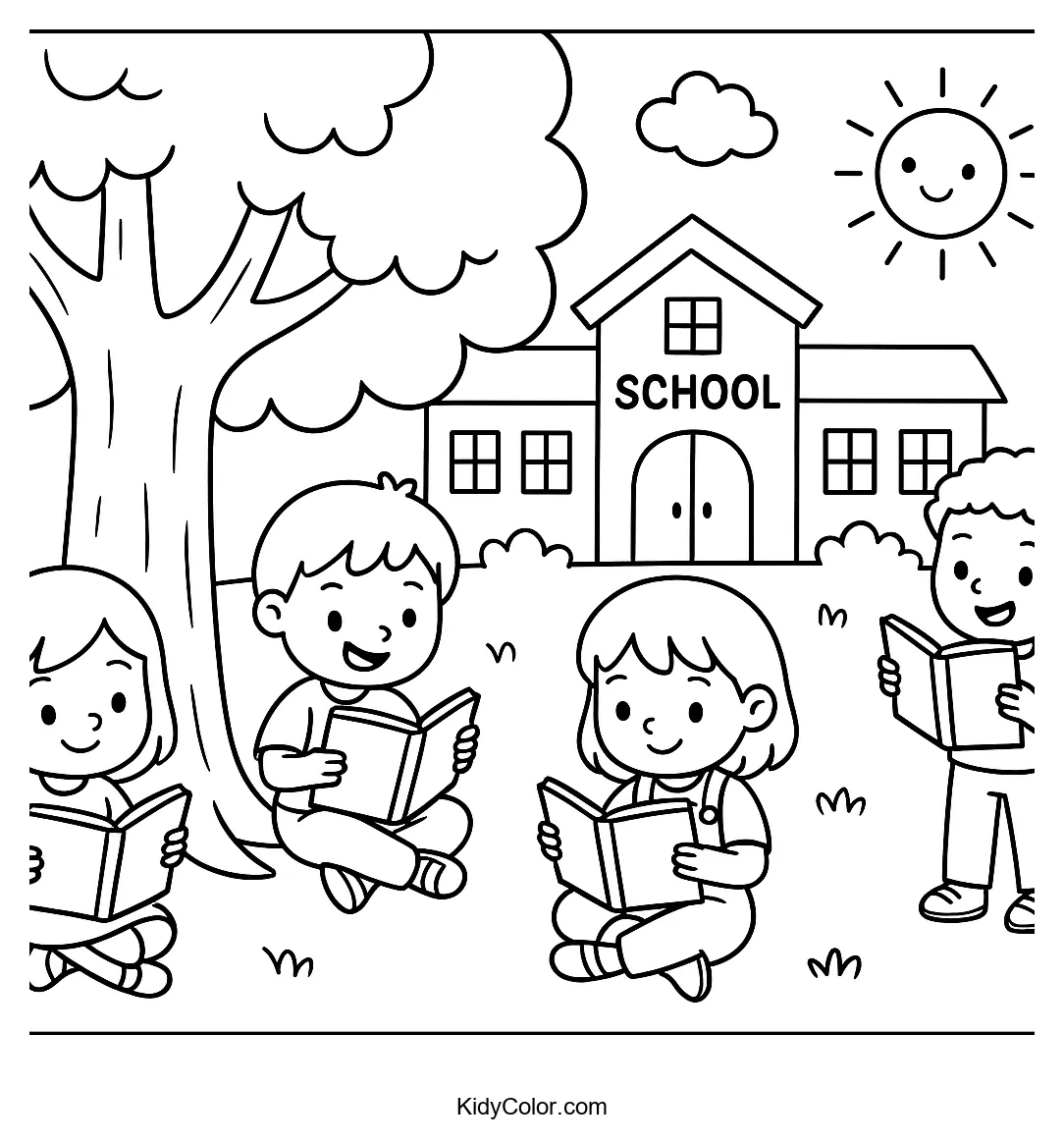 Kids reading under a tree near school
