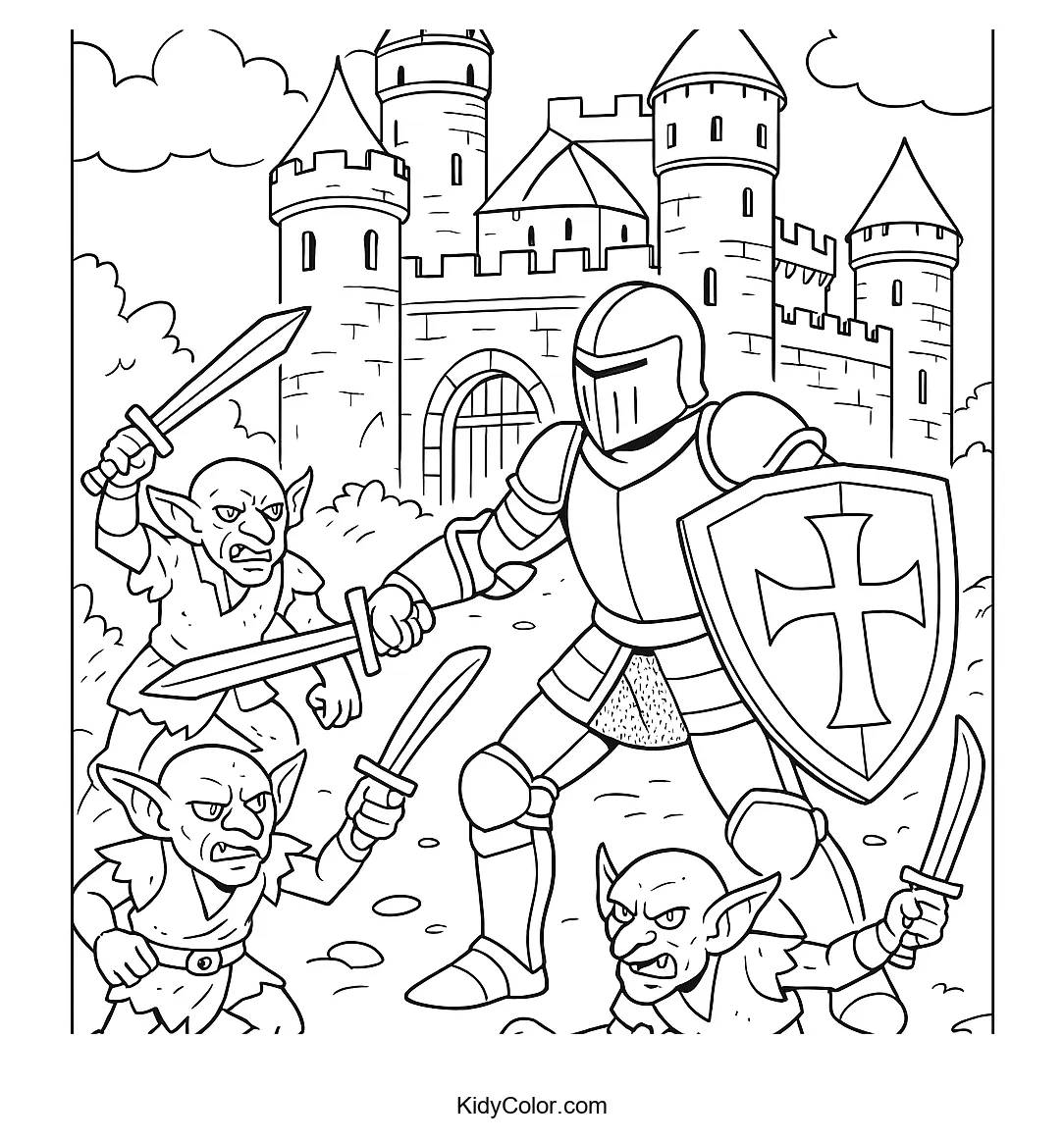 Knight defending castle from goblins