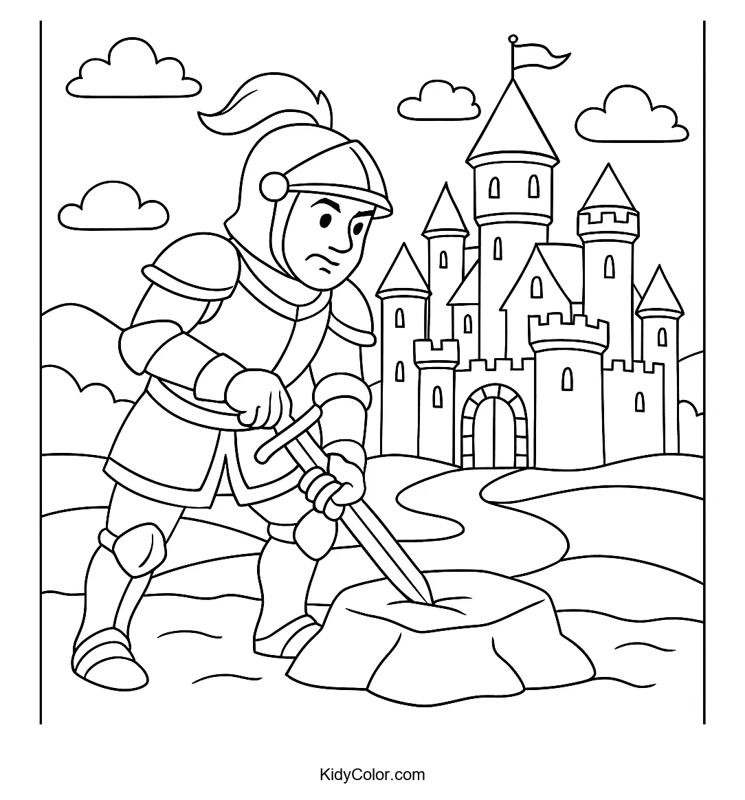 Knight with castle backdrop coloring page