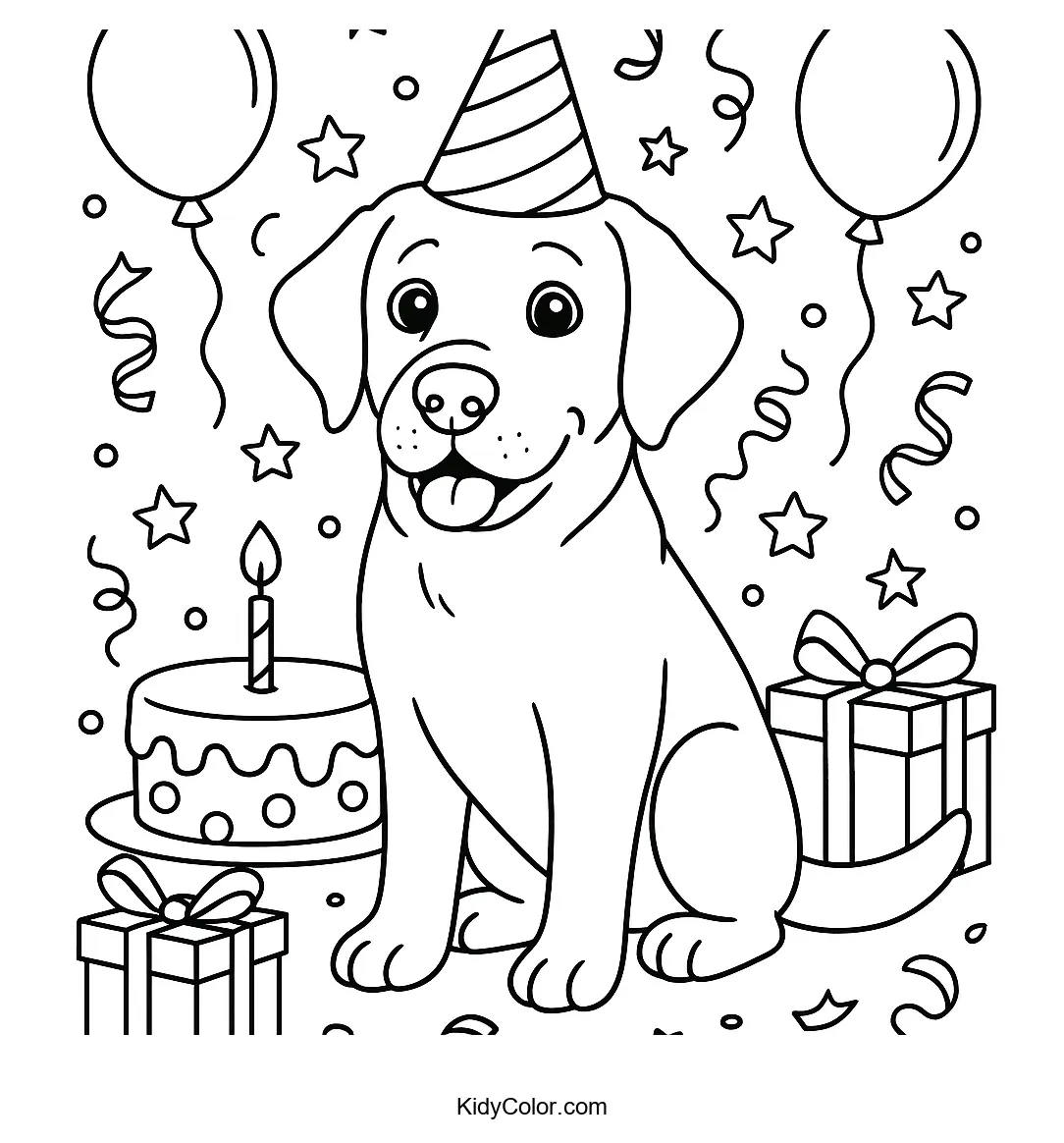 Labrador dog's birthday celebration with balloons and cake